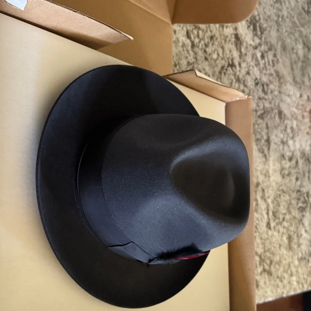 Black Wool Fedora Hat with Feather Accent - Picture 4 of 7
